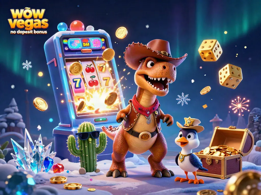 Play and win with wow vegas no deposit bonus featuring 3D animated characters in a casino scene.