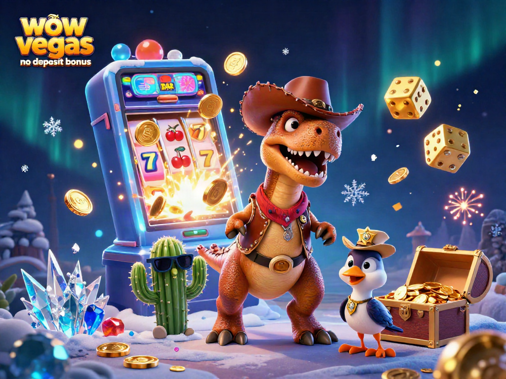 Play and win with wow vegas no deposit bonus featuring 3D animated characters in a casino scene.