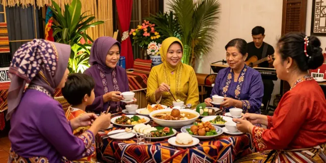 Nyonya 4D family celebration in traditional attire surrounded by vibrant decorations.