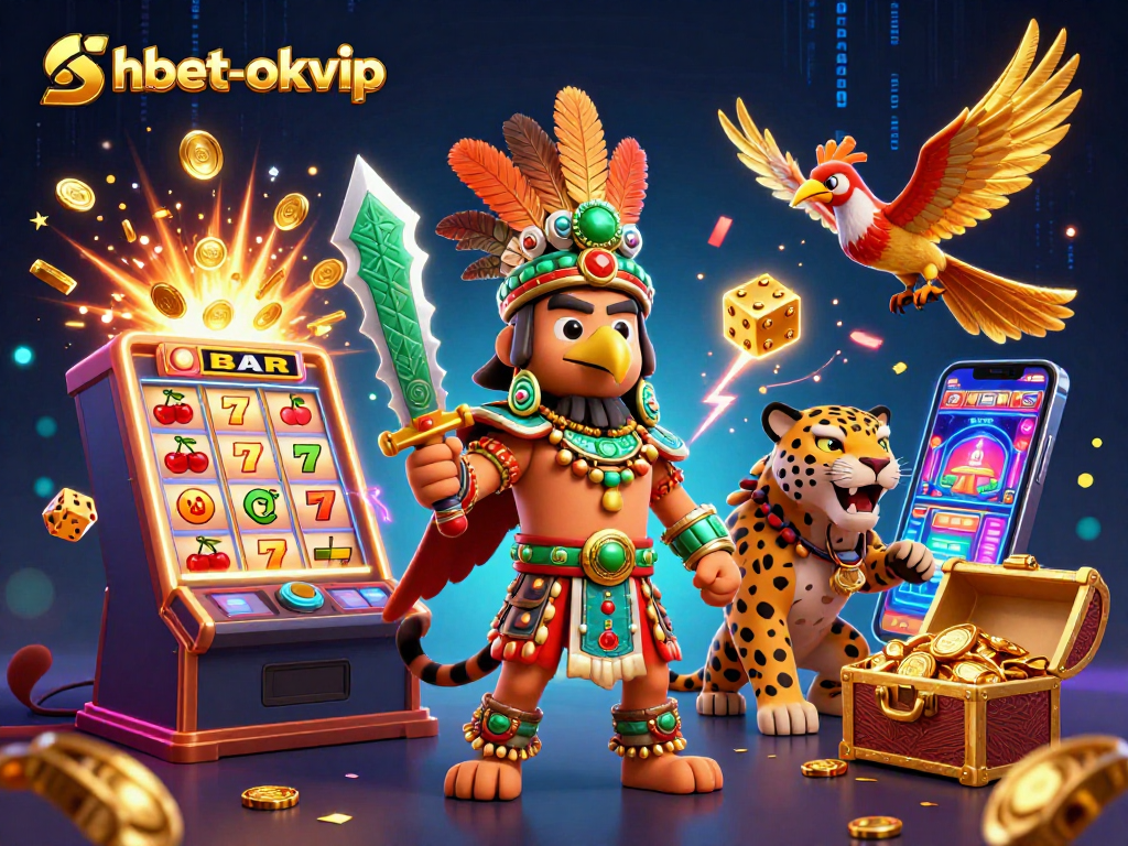 Experience the excitement of shbet-okvip with an Aztec warrior and jackpot explosion in a vibrant casino scene.