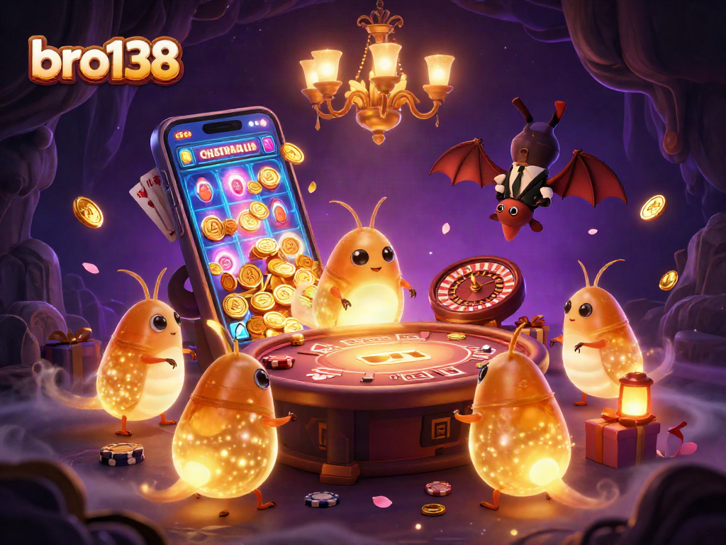 Experience thrilling play at bro138 with an enchanting glowworm casino illustration showcasing a vibrant gaming scene.