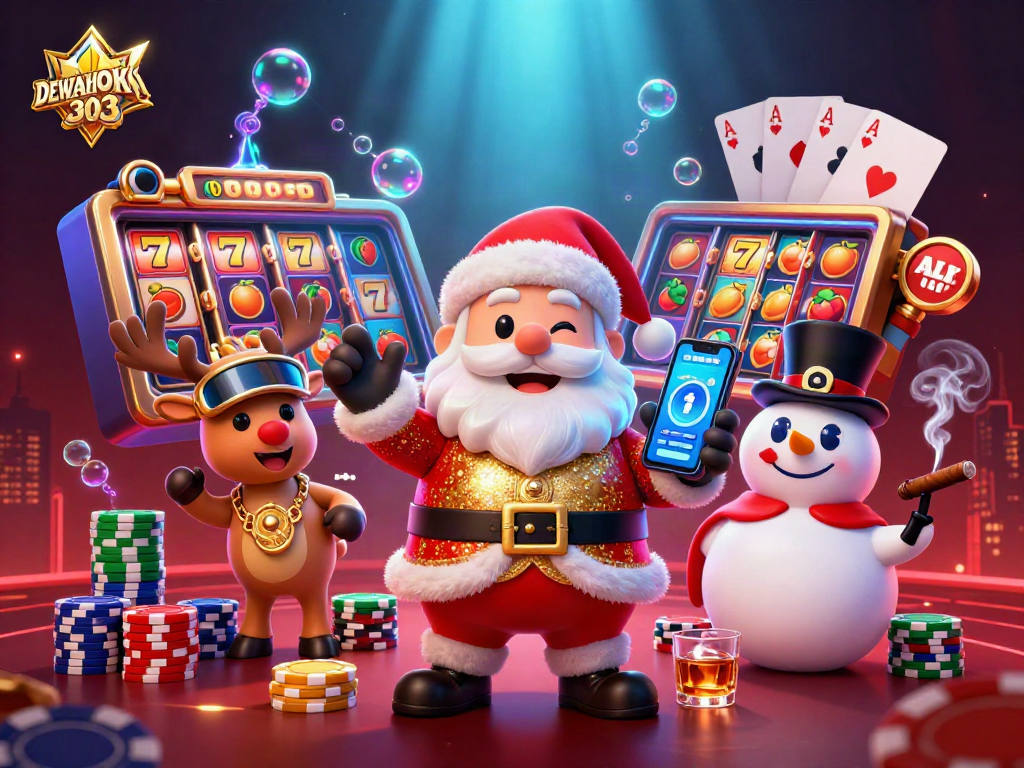 DEWAHOKI303 menghadirkan suasana kasino yang meriah dengan karakter kartun, mesin slot, dan tumpukan chip poker.