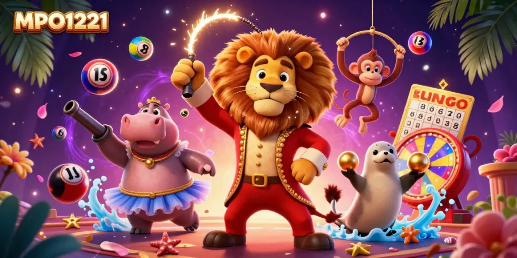 MPO1221's lively casino illustration of a ringmaster lion with a hippo, monkey, and seal amid vibrant lottery elements.