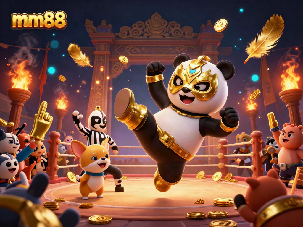 Experience the excitement of mm88 with a panda wrestler flying in a dynamic casino scene.