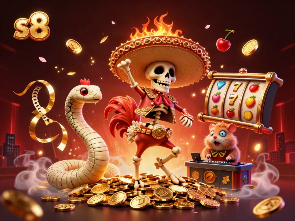 Experience the vibrant s8 casino world with a dancing skeleton rooster, mummy snake, and DJ hamster amidst dynamic slot game elements.