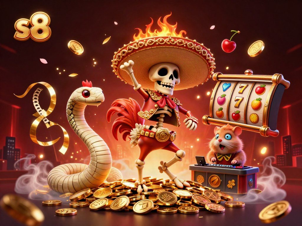 Experience the vibrant s8 casino world with a dancing skeleton rooster, mummy snake, and DJ hamster amidst dynamic slot game elements.