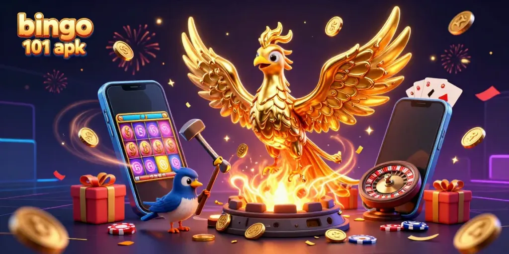 Menangkan hadiah dengan bingo 101 apk, gambar ilustrasi 3D yang menampilkan phoenix emas dan elemen kasino menarik.