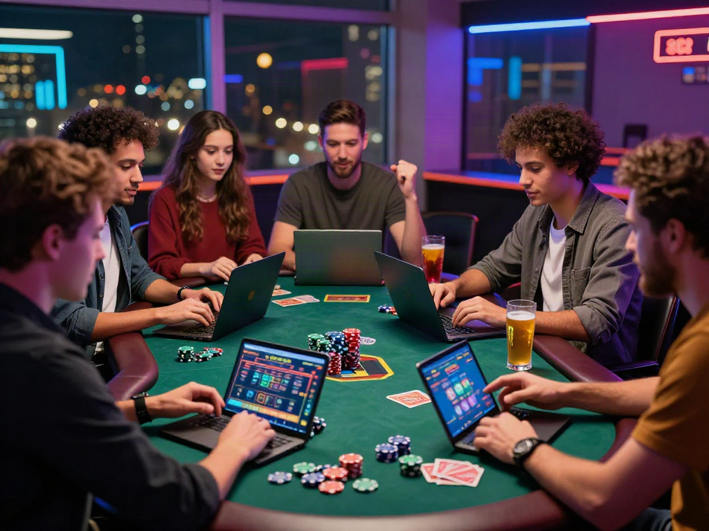 A diverse group enjoying an engaging online gaming session focused on akunjp with laptops and vibrant city nightlife in the background.
