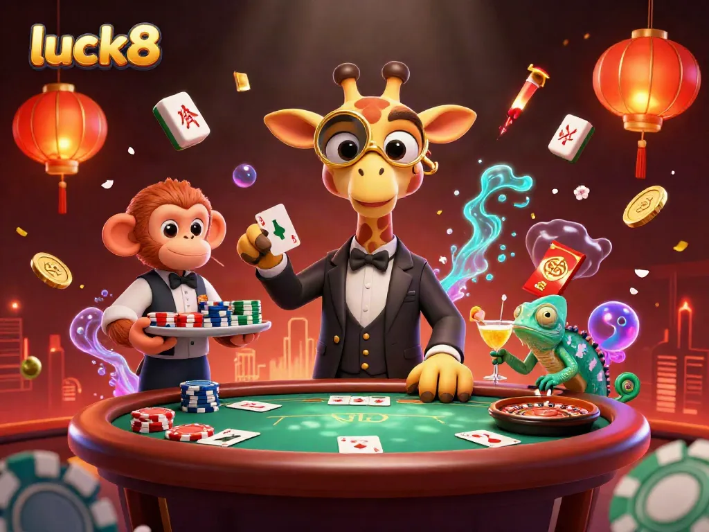 Join the excitement at luck8 with vibrant casino scene featuring a high-roller giraffe and dynamic games.