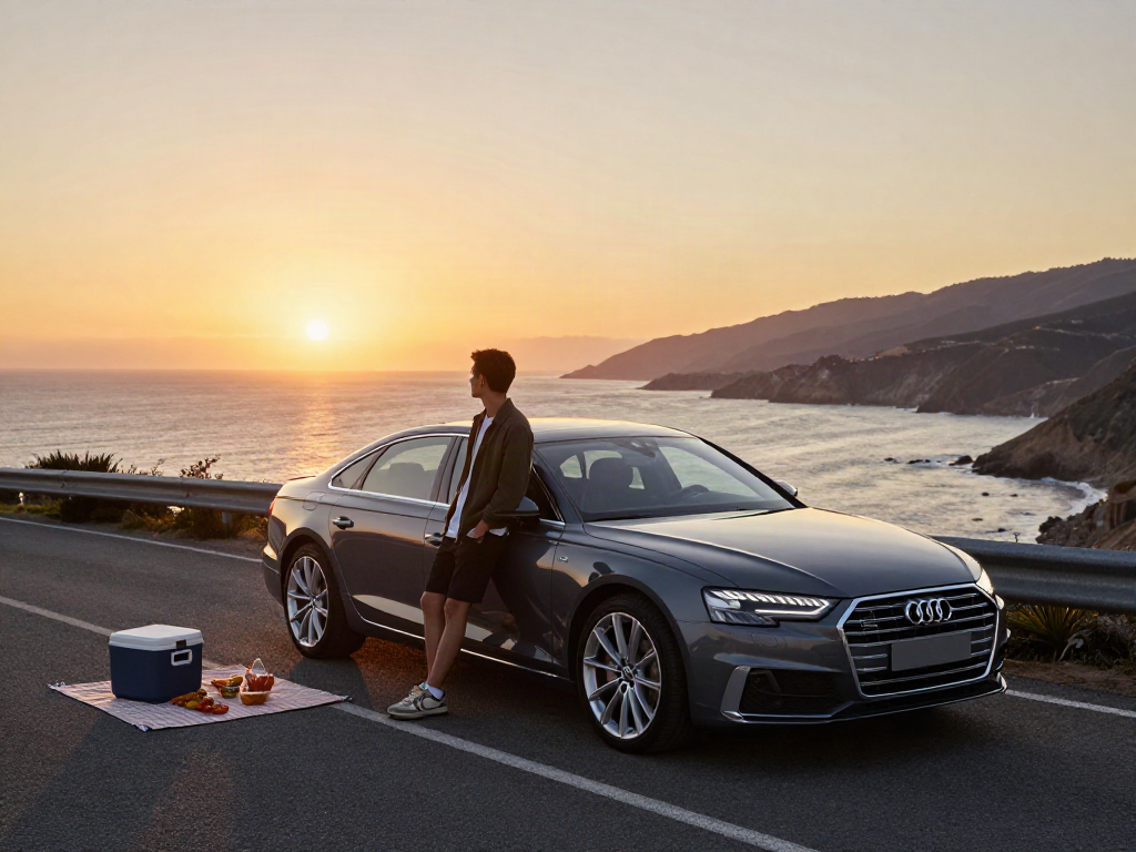 A80 platform car parked on a coastal road during sunset, showcasing a scenic view and picnic setup.