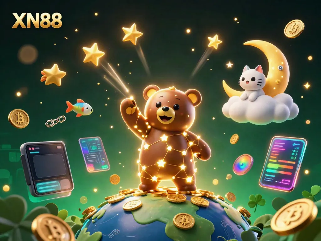 Experience the excitement of XN88 with a luminous 3D cartoon constellation scene filled with coins, crypto, and whimsical characters.