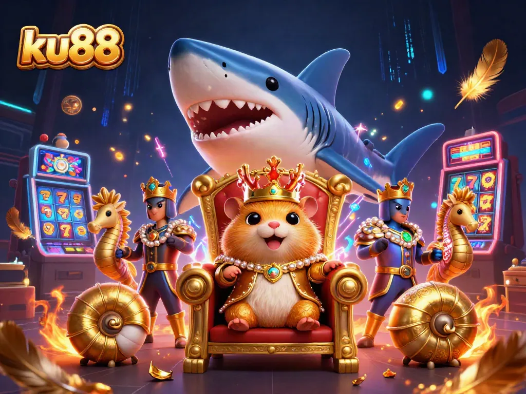 Engage in thrilling games at ku88, featuring a vibrant casino scene with golden tokens and adventurous characters.
