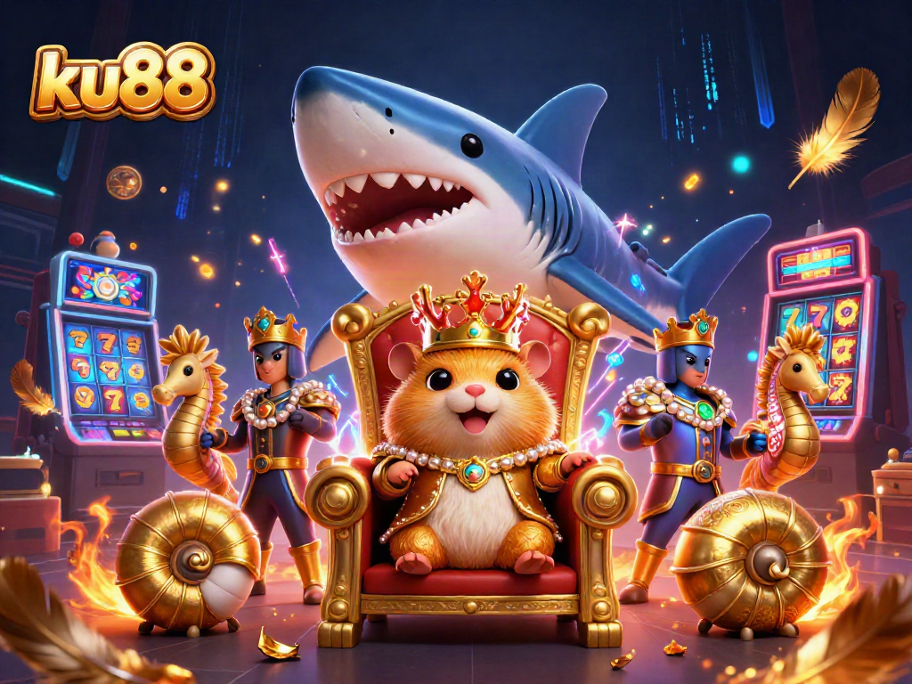Engage in thrilling games at ku88, featuring a vibrant casino scene with golden tokens and adventurous characters.