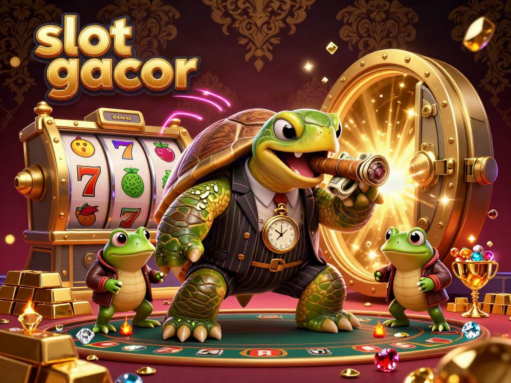 Engage with exciting slot gacor action in a vibrant casino scene featuring animated characters and treasures.