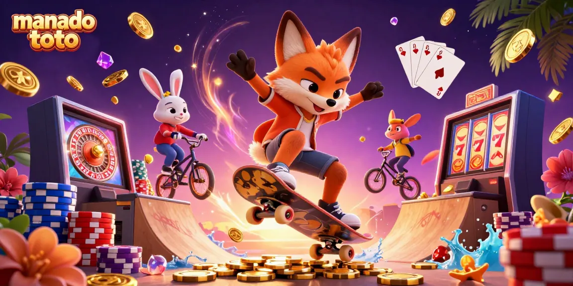 Experience exciting play with manado toto featuring a skateboarder fox and BMX rabbit in a vibrant casino scene.