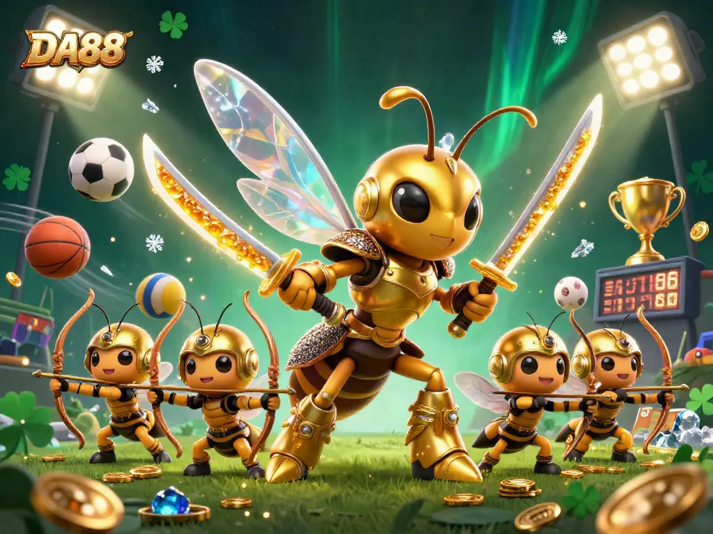 DA88's enchanting golden hornet dominates a vibrant casino scene with sports balls and gold coins.