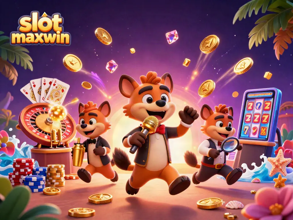 Spinning slot maxwin reels reveal vibrant golden coins and hyenas in a lively casino scene.