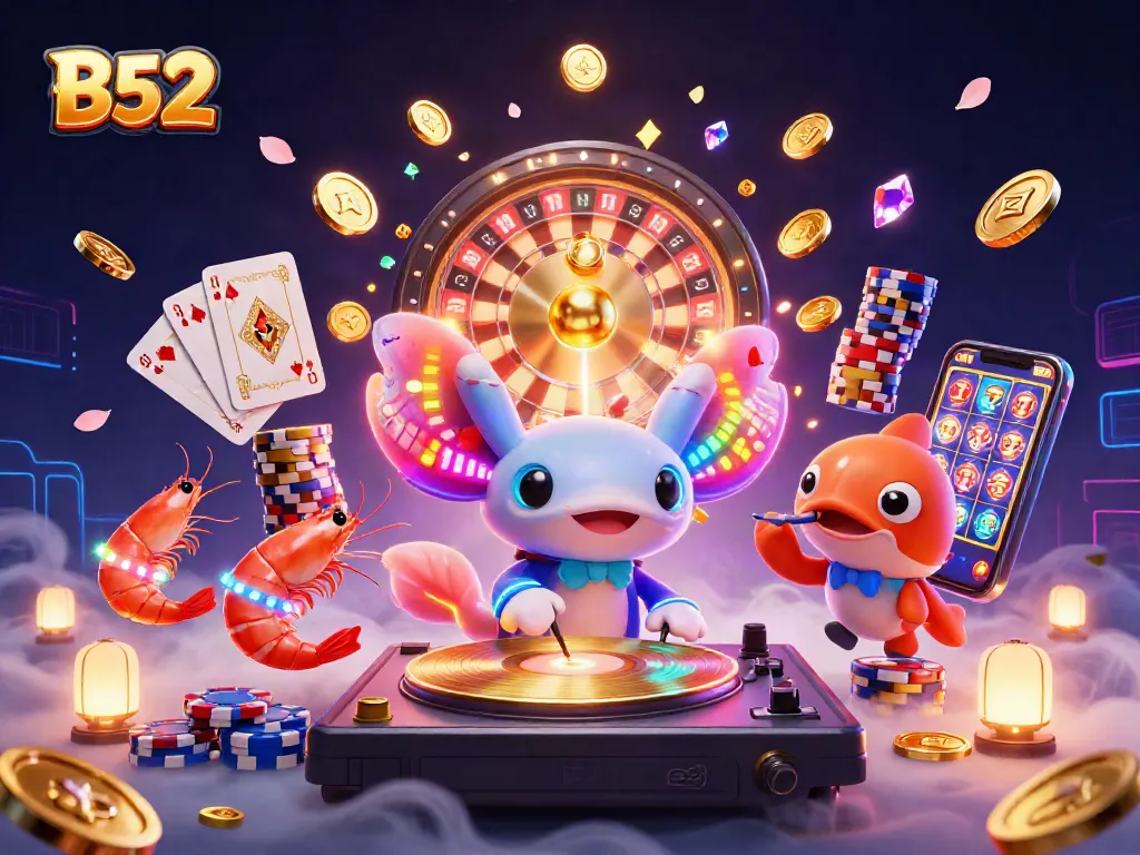 Join the fun at B52 casino with a vibrant DJ party scene featuring lively characters and dazzling game elements.