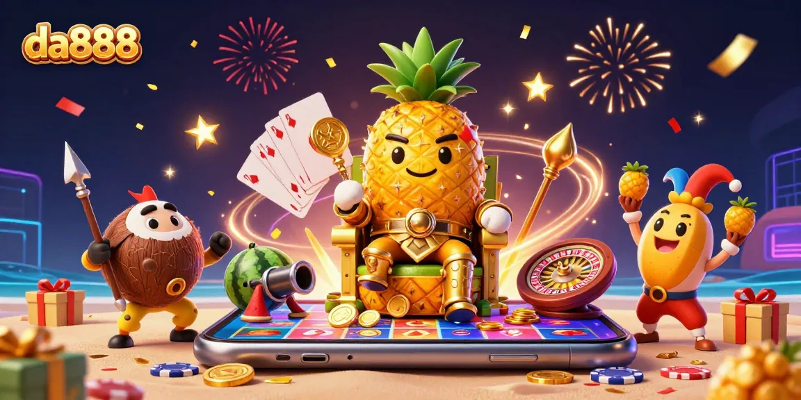 Engage with da888's vibrant 3D illustration showcasing the golden pineapple king at a colorful casino.