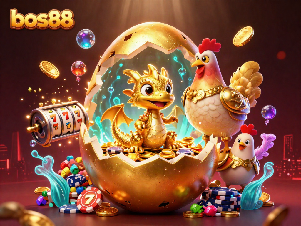 Slot dan taruhan berkualitas di bos88 dengan naga emas dan koin berkilau.