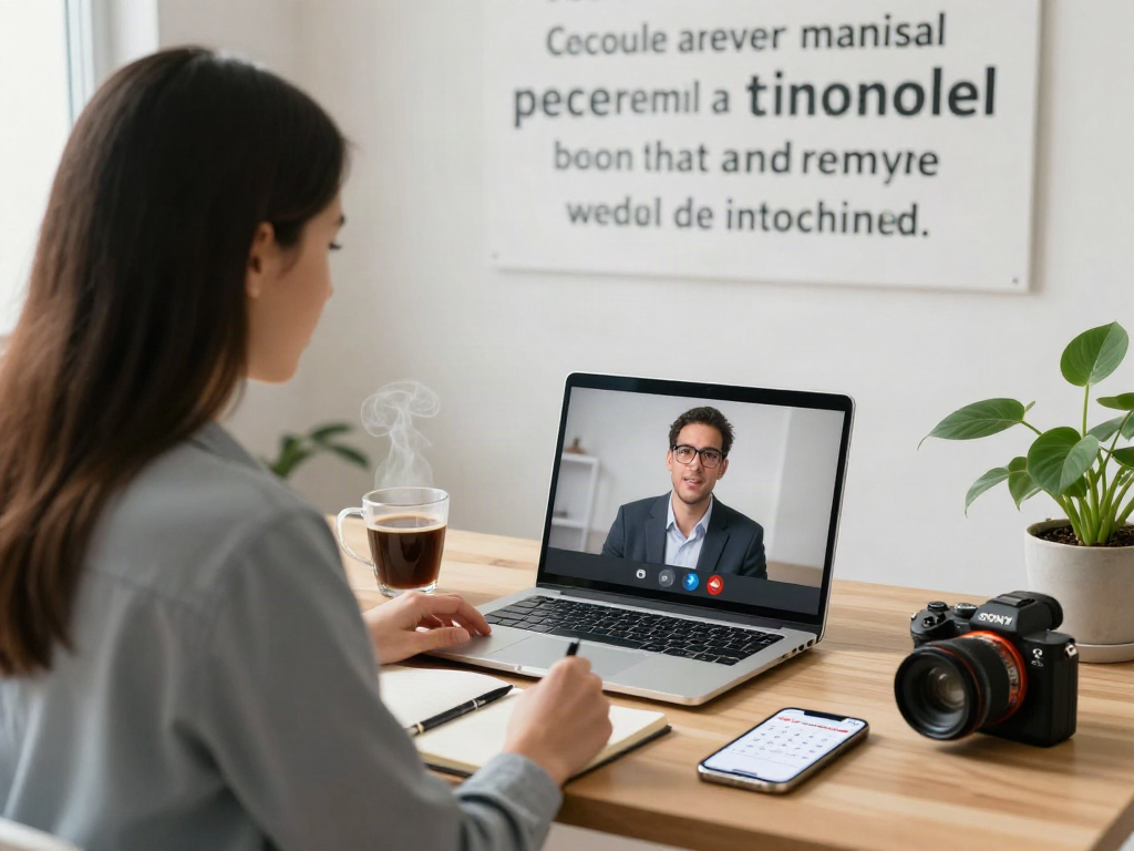 Job seeker preparing for a virtual interview while หางาน in a modern workspace.