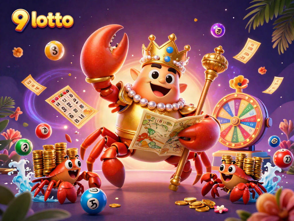 Win big with 9 lotto as a golden crab emperor commands a colorful lottery scene featuring dynamic numbered balls.