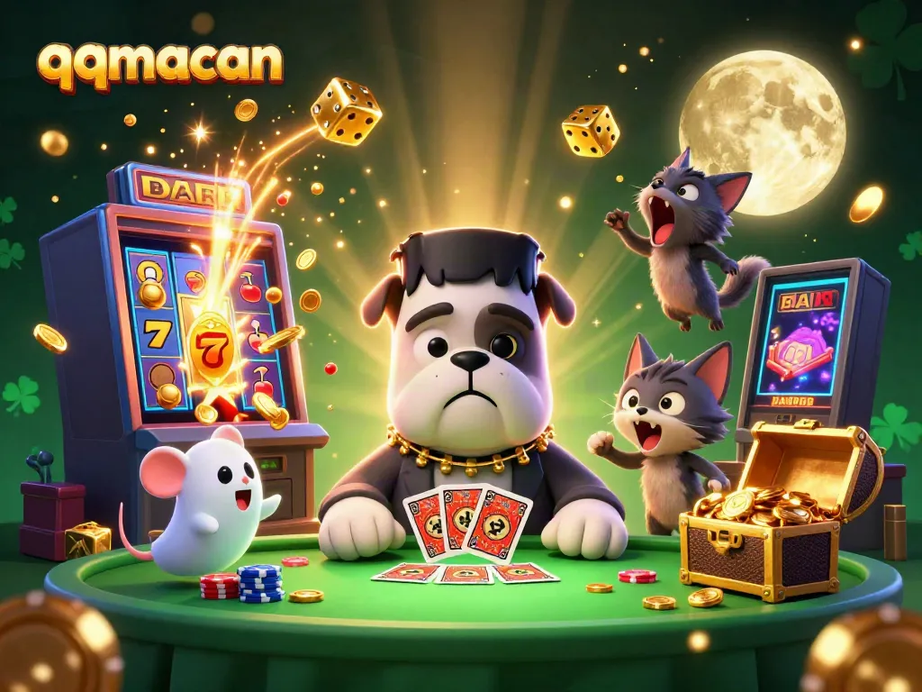 Engaging qqmacan scene where a cartoon bulldog monster deals cards amidst a lively casino atmosphere.