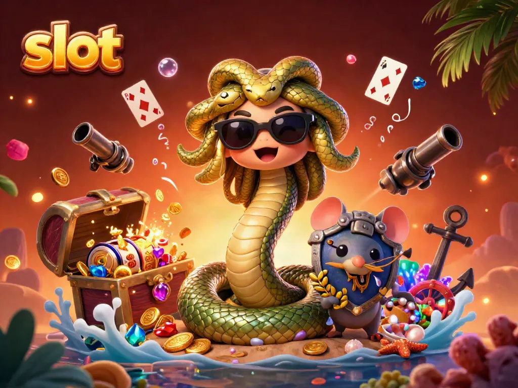 Mesin slot berwarna yang dipenuhi dengan koin emas dan dekorasi menarik di sekitar Medusa di BETON88.