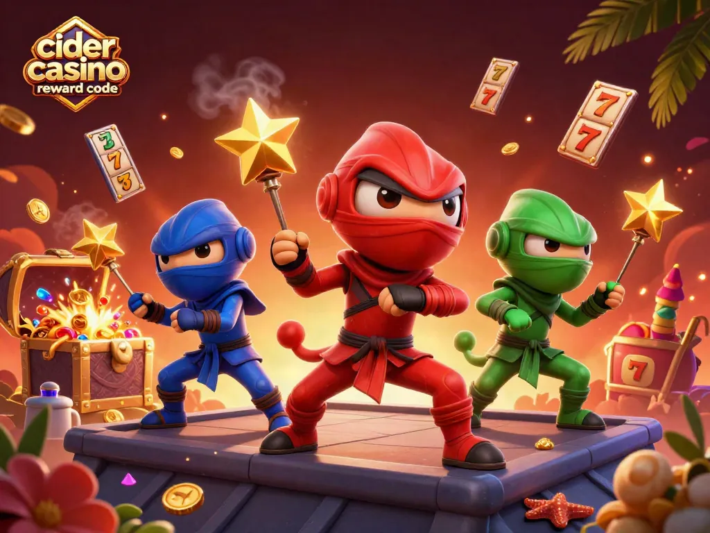 Cider casino reward code features a ninja chameleon team synchronized over slot reels and treasure, showcasing winning energy.