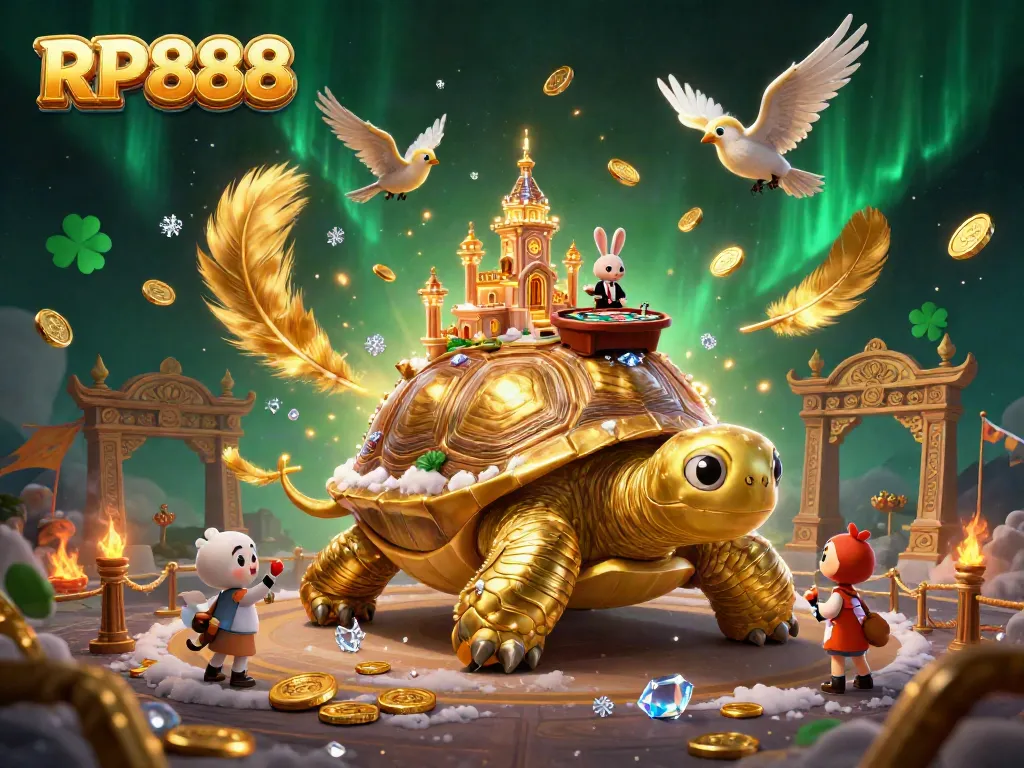 Experience the thrill of RP888 slots with captivating 3D vivid artwork featuring a golden tortoise casino.
