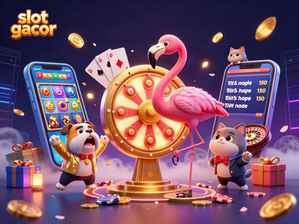 Engage with slot gacor excitement through a dynamic 3D casino scene featuring winning characters and vibrant game elements.