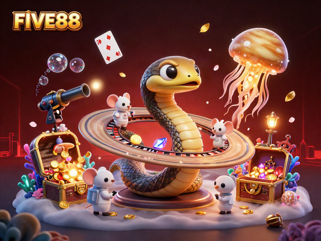 Engaging astronauts place bets on the FIVE88 roulette wheel in a rich cosmic casino scene.