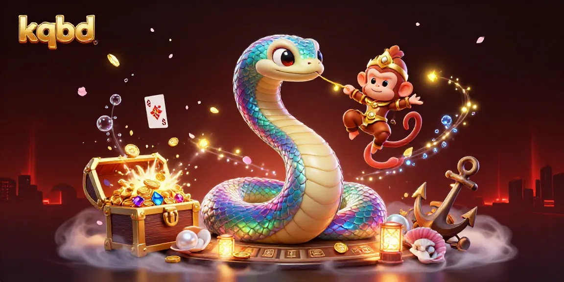 Engage with kqbd results through an enchanting scene of a vibrant serpent and monkey king amidst gaming elements.