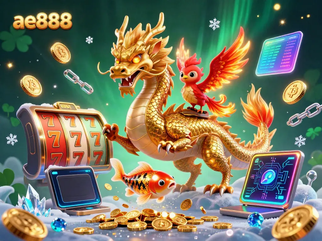 Win big with ae888 casino featuring slot reels, a dragon, and a phoenix amidst coins