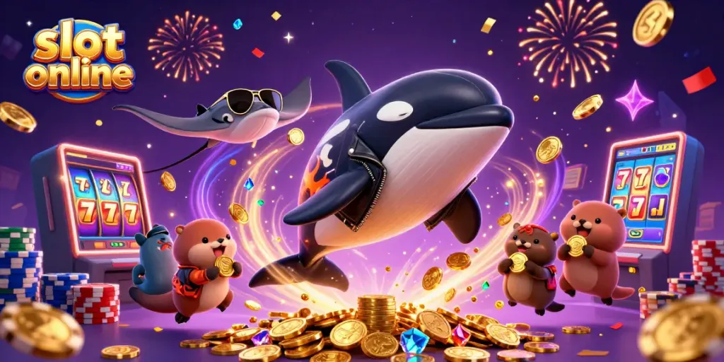 Menyenangkan saat bermain slot online dengan ikan paus orca dan keluarga berang-berang yang beruntung memegang koin emas.