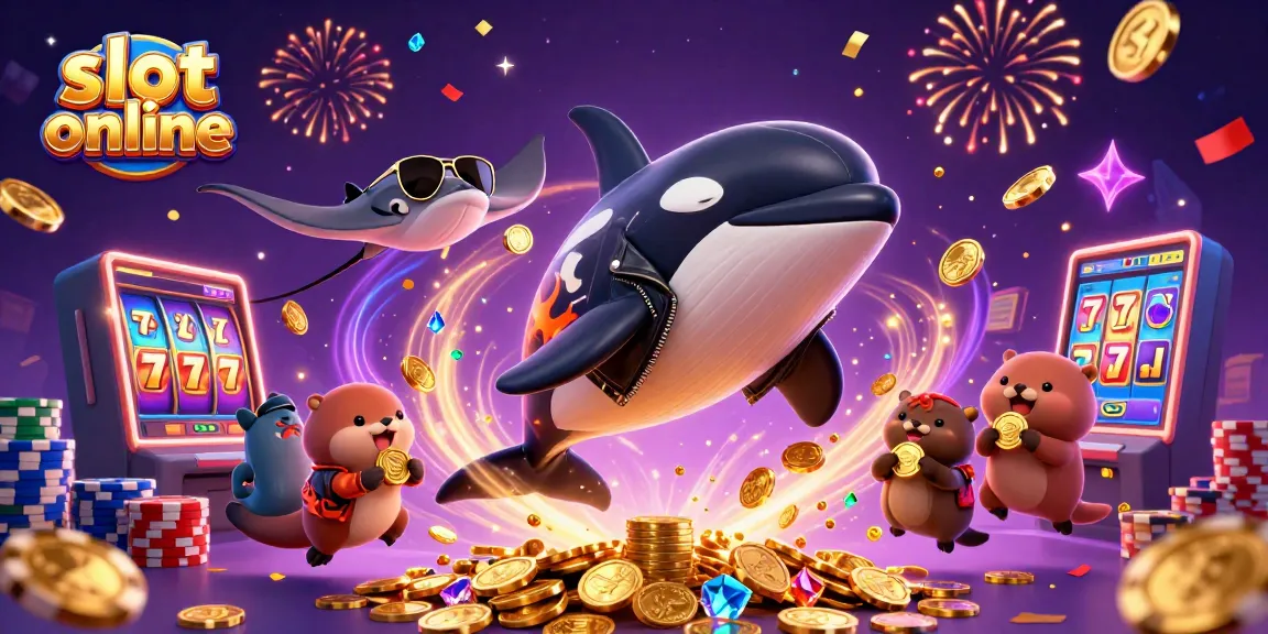 Menyenangkan saat bermain slot online dengan ikan paus orca dan keluarga berang-berang yang beruntung memegang koin emas.