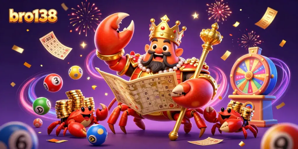 Experience thrills at bro138 with a golden crab emperor amid vibrant casino elements.