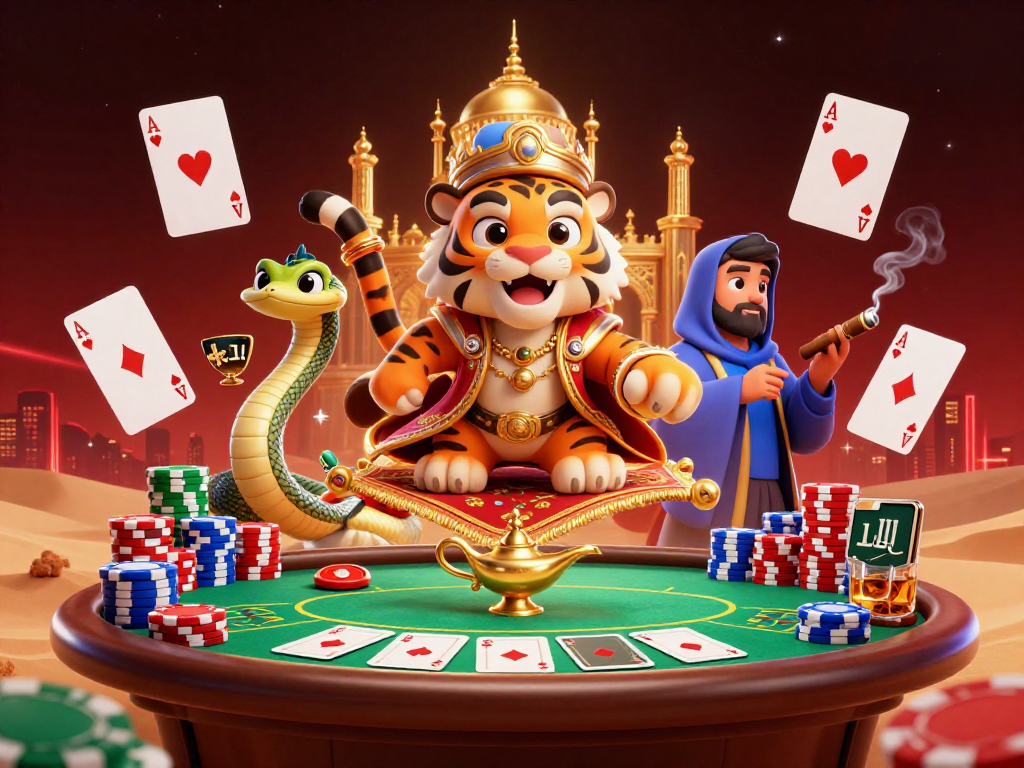 Experience the magic of netwin with an Arabian-themed casino on a poker chip flying carpet.