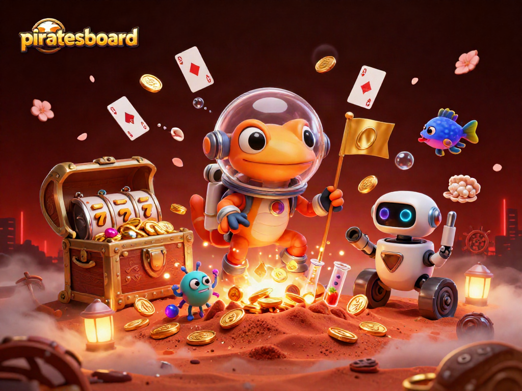 Engage with piratesboard in a vibrant 3D casino adventure featuring a Martian gecko.