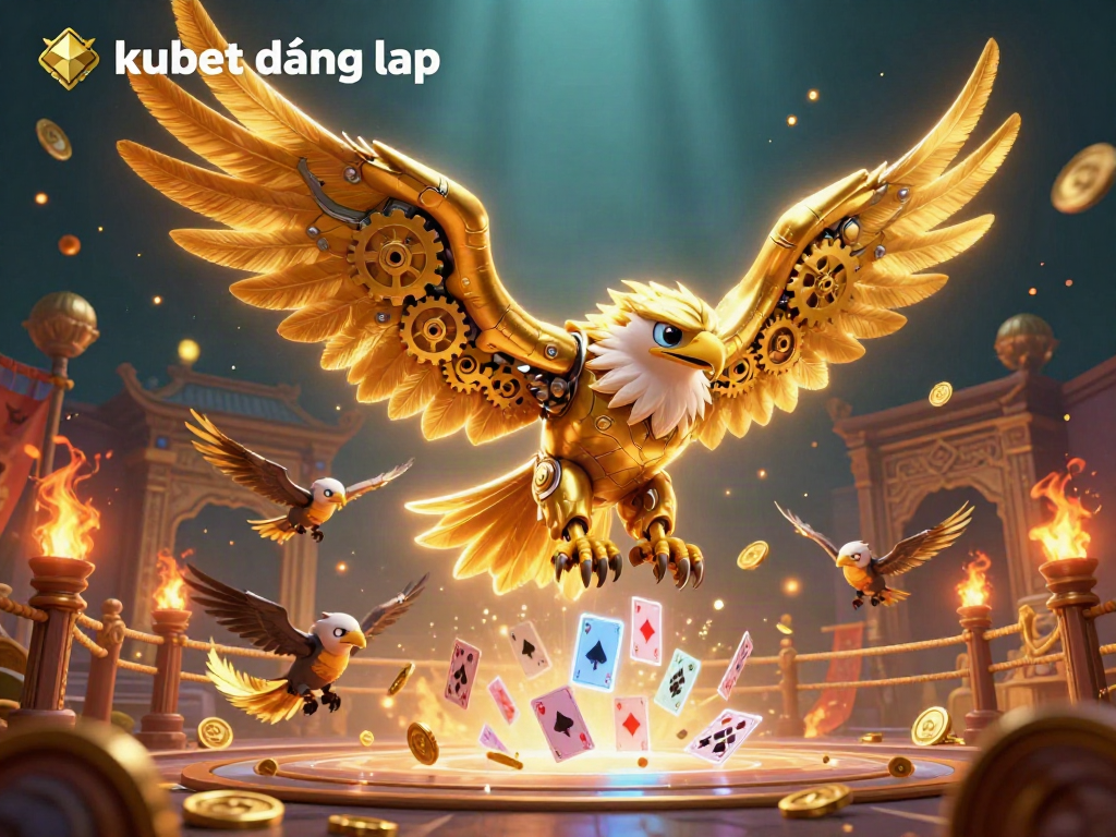 Experience the excitement of kubet đăng nhập with a mesmerizing scene of a golden eagle amidst holographic cards and dynamic casino elements.