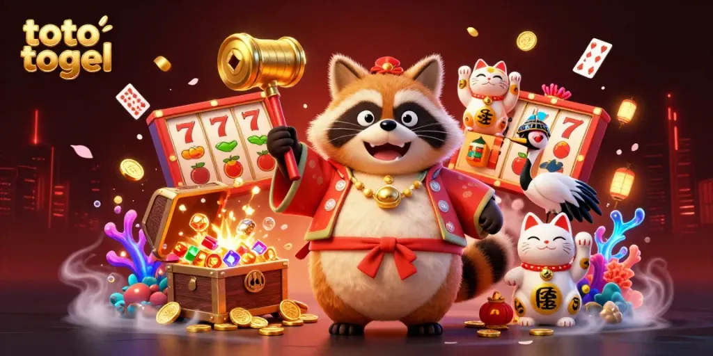 Experience the engaging world of toto togel with cheerful tanuki and lucky symbols in a vibrant 3D scene.