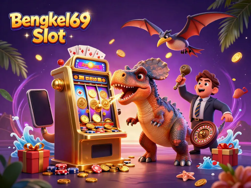 Experience thrilling wins with Bengkel69 Slot as dynamic characters interact in a vibrant casino scene.