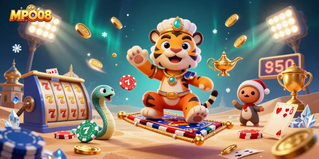 MPO08 showcases a vibrant casino scene with a sultan character, slot reels, and coins, depicting gambling excitement.