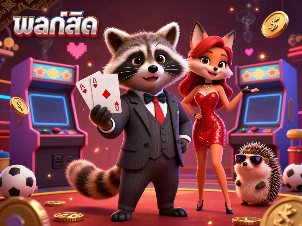 Experience thrilling moments of บอลสด with a charming raccoon, fox, and hedgehog in an engaging casino scene.