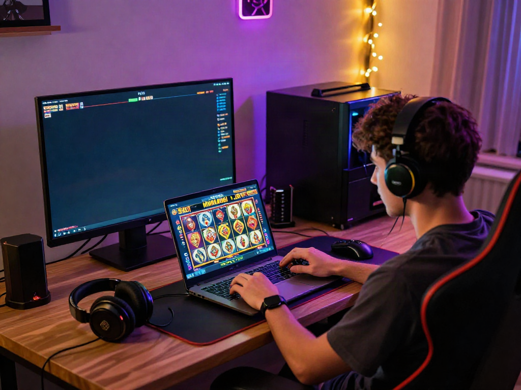 Slot MAHJONGJP88 player enjoying an engaging gaming experience with vibrant lighting and sleek equipment.