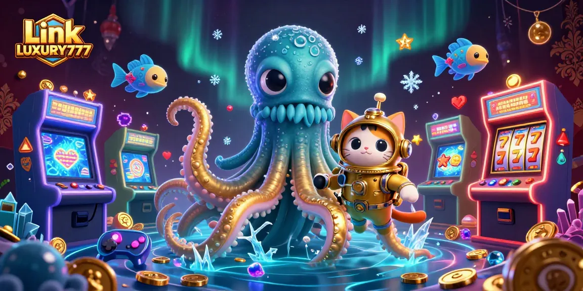 Tangkap momen menarik dengan Link LUXURY777, kraken 3D besar, kucing menyelam, dan mesin slot yang bersinar.