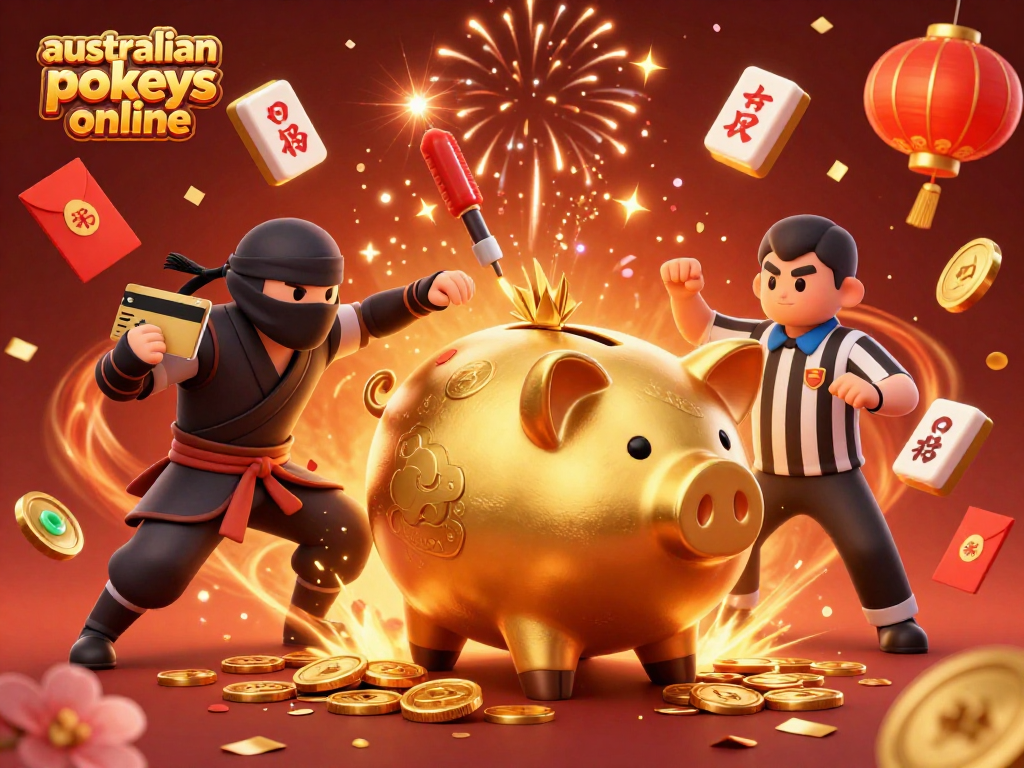 Experience the thrill of australian pokies online with a vibrant 3D illustration featuring dynamic action and festive elements.