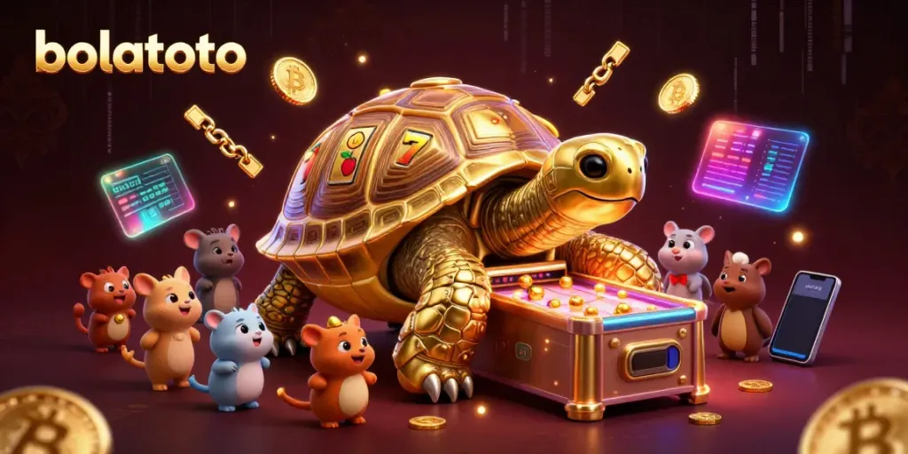 Engage with bolatoto's exciting gaming world featuring a colossal tortoise pinball machine amidst vibrant cryptocurrency elements.