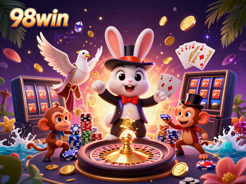 Experience the excitement of 98win as a magician rabbit reveals golden coins and poker chips in a vibrant casino scene.