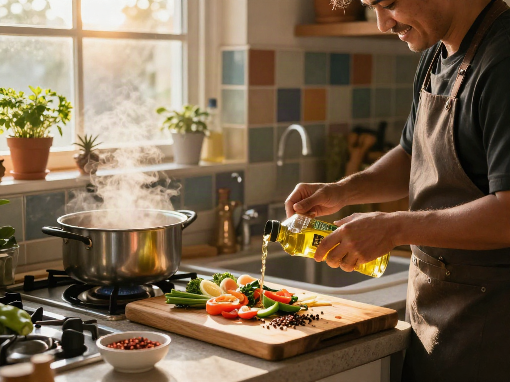 Minyak Makan Sehat MERDEKA123 digunakan oleh koki dalam masakan berkualitas di dapur modern.